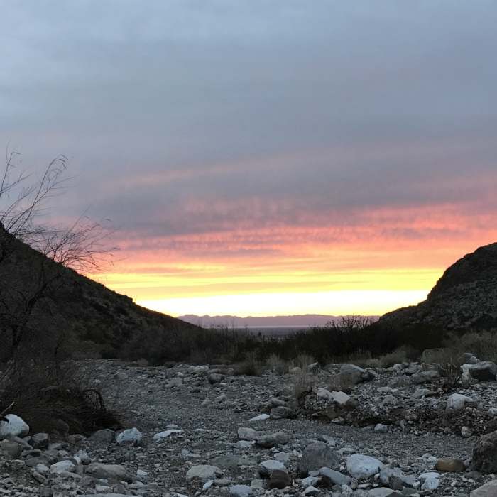 Sunset over the basin and the distant San Andreas Mountains from the arroyo. Near Alamo Canyon Loop