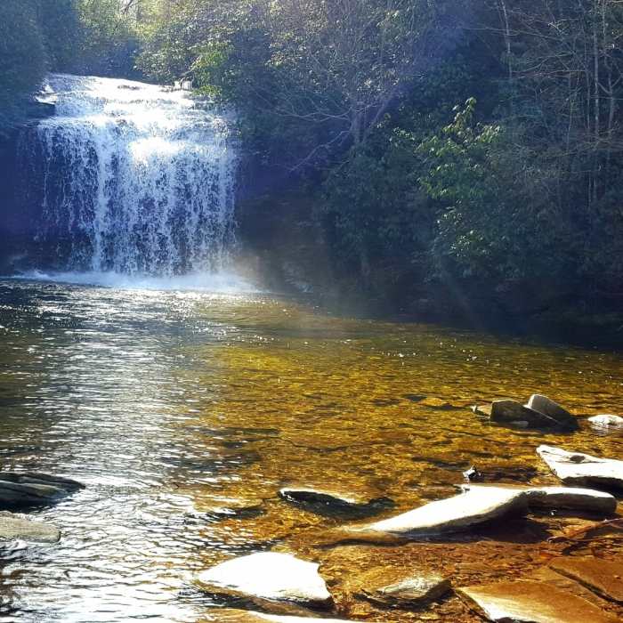 The School House Falls are one of the highlights of the Panthertown Valley Loop. Near Big Green Mountain -- Little Green Mountain Loop