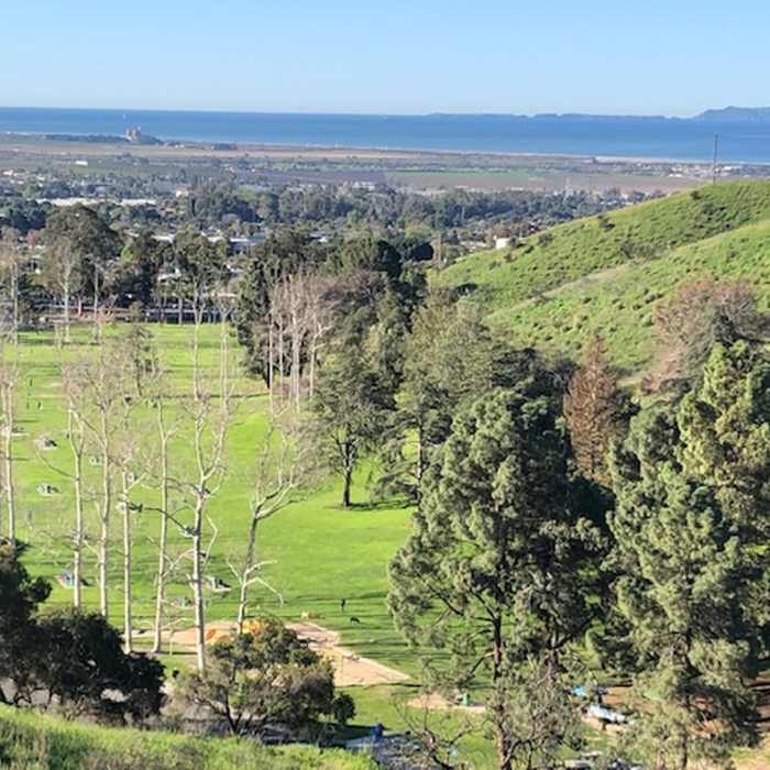 The view of Arroyo Verde Park from the back trail. The Pacific Ocean and Anacapa Island are in the distance. Near Arroyo Verde Trail