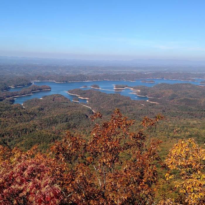 Flint Mill Gap offers a spectacular autumn view of South Holston Lake. Near Holston Mountain 20 Mile