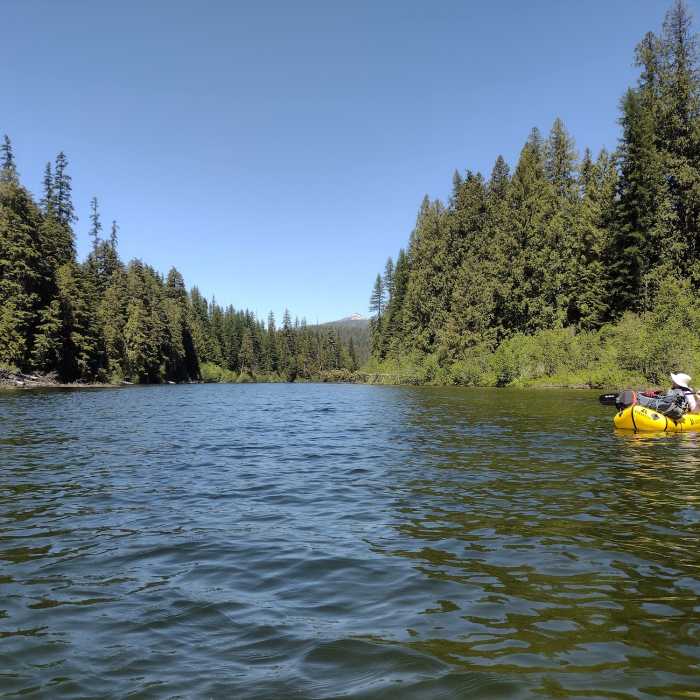 Enjoying the Thorofare in a packraft, approaching the Portage Trail launch/landing site, when returning from Upper Priest Lake. Near Plowboy Mountain Navigation Loop