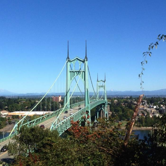The lower end of the Ridge Trail offers a stunning view of the St. Johns Bridge and the Cascade Range. Mt. St. Helens can be seen on the left side of the bridge and Mt. Adams on the right. Near Ridge Trail
