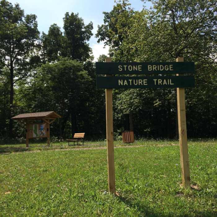 The Trailhead and signage for Stone Bridge Nature Trail as seen from the road. (Tireman Ave.) Near Prairie Pathway