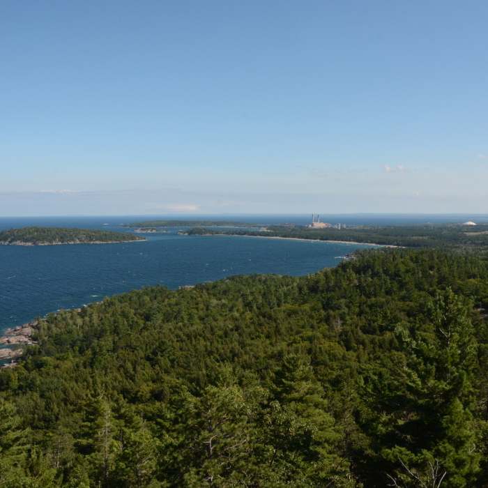 Presque Isle Park in the distance, power plant and Superior Dome aka Yooper Dome to the right Near Sugarloaf Mountain