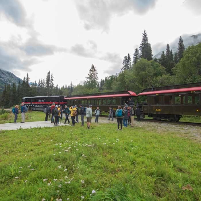 Getting off the train at the trailhead. Near Laughton Glacier Trail