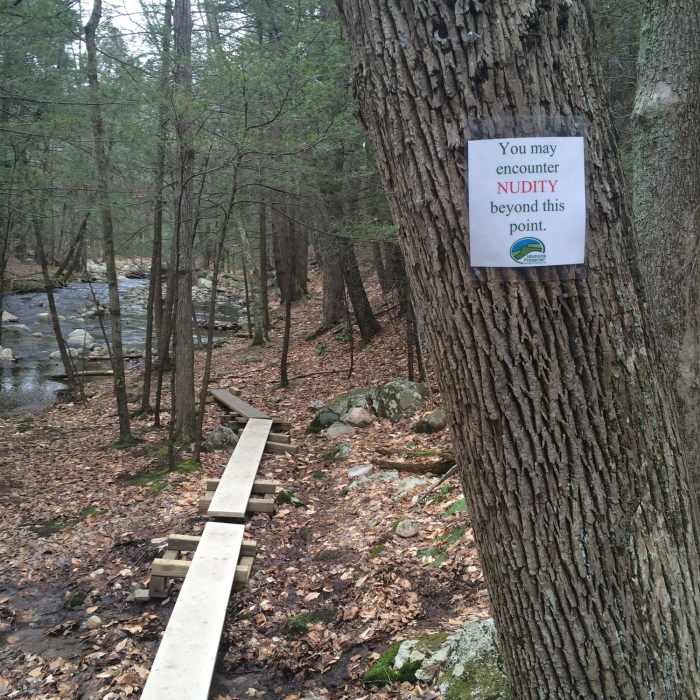 Nudity is permissible past a marked point on the Coxing Kill yellow blazed trail. Parents take note Near Old Minnewaska Trail
