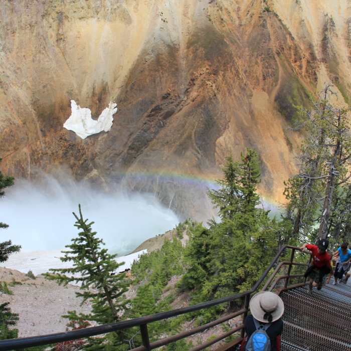 Rainbow over the yellow canyon, and the steep stairs on Uncle Tom's Trail. Near Grand Canyon South Rim
