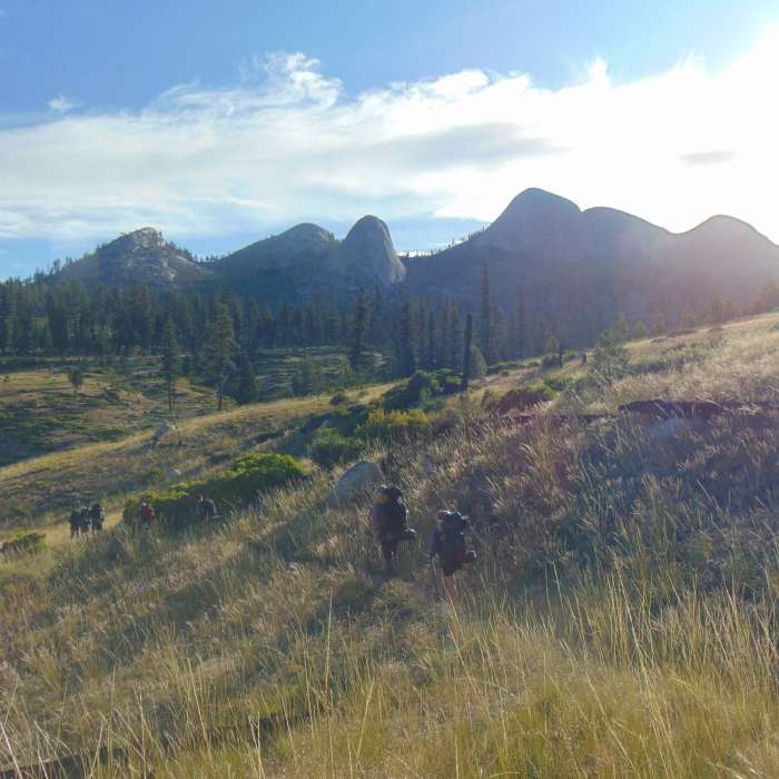 On route to Little Yosemite Valley for a sunset summit of Half Dome. Near Mono Meadow Cutoff