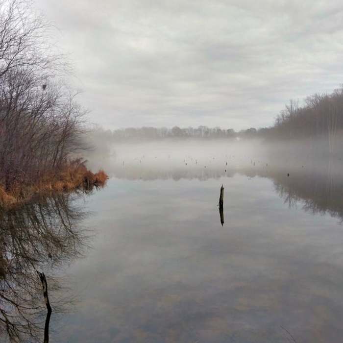 Foggy Lake Mercer on a warm, January day. Near South Run - Mercer Lake Loop Route
