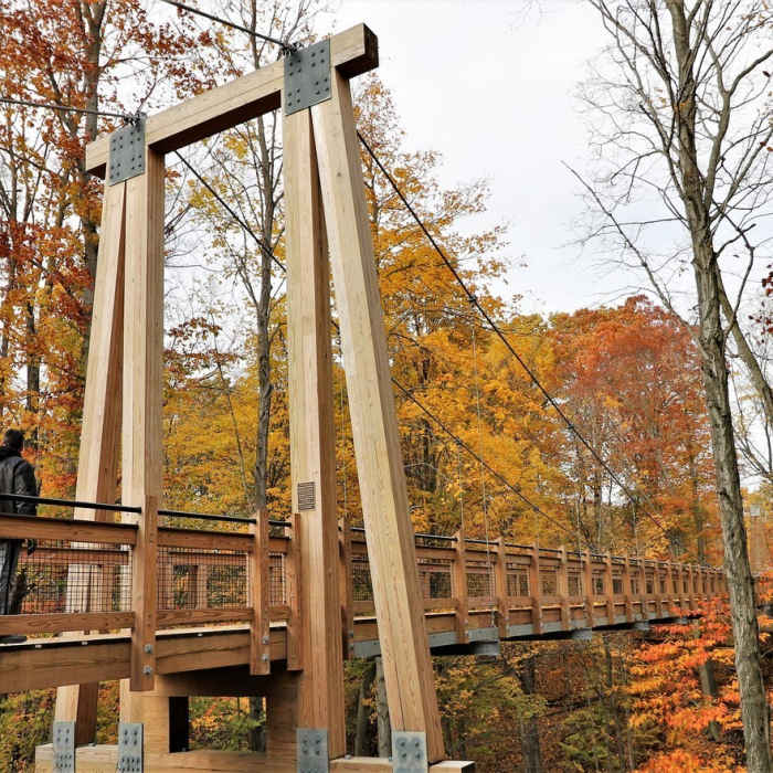 Grand Ravines Suspension Bridge – fall" by Mike Lozon. Courtesy of Ottawa County Parks & Recreation. Near Grand Ravines Loop