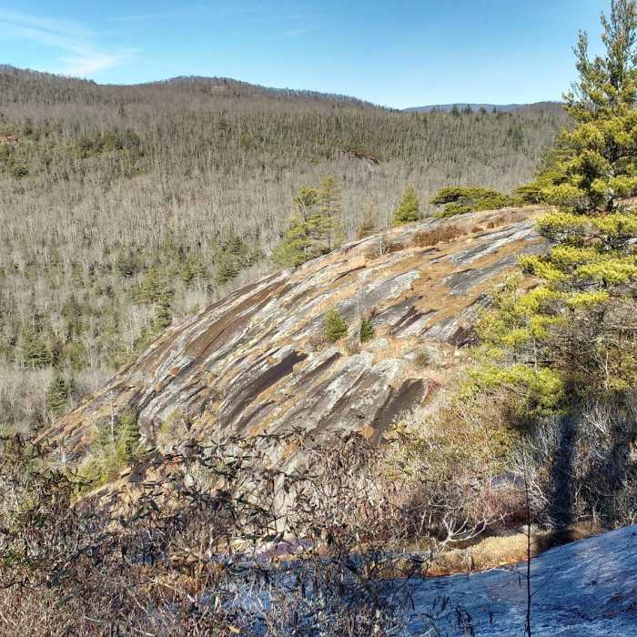 Slickrock/bald rock face seen from Little Green Mountain Trail. Near Panthertown Valley Loop