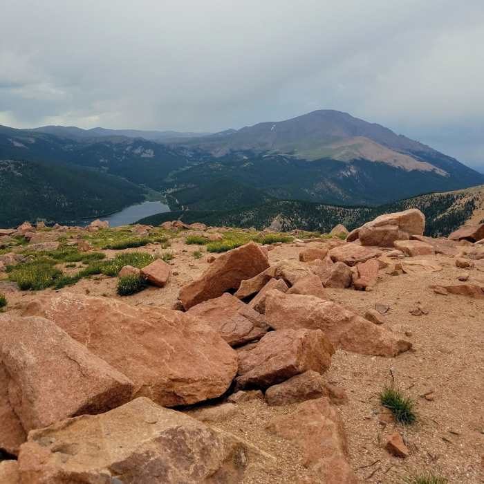 McReynolds Reservoir with Pikes Peak in the background. View from summit of Almagre Mountain South. Near Almagre Mountain South via FSR 379
