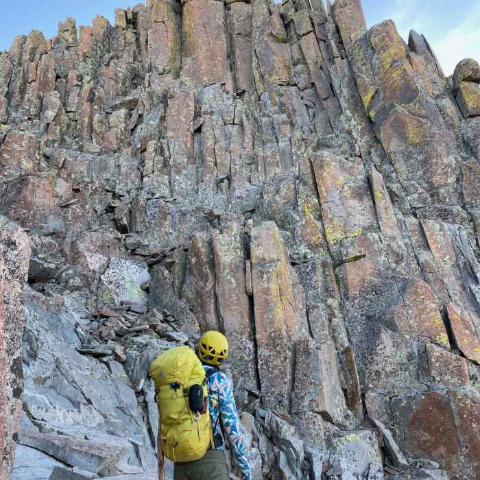 Looking up at the wall to climb before the summit. Near El Diente Peak South Slopes