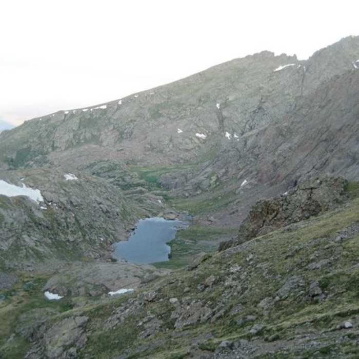 Cottonwood Lake as seen from near the top of Broken Hand Pass. Near Crestone Peak South Face