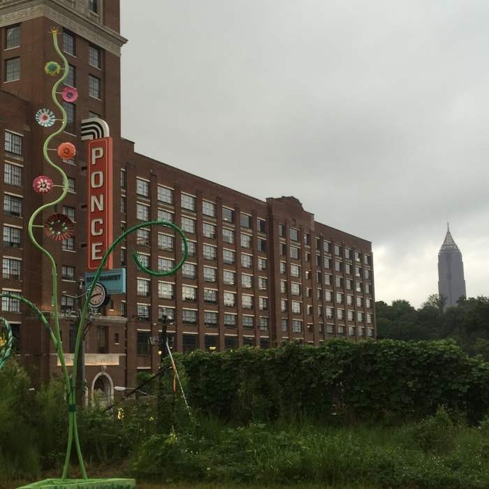Just before crossing the Ponce de Leon Bridge, one gets a great view of the Ponce City Market Building and surrounding skyline. Near Beltline Eastside Trail: Piedmont Park to Krog Street Market