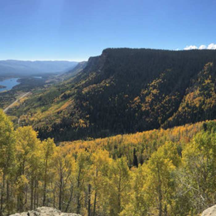 View of the aspens, the Animas River Valley, and Electra Lake looking south from the top of Castle Rock. Near Castle Rock Trail
