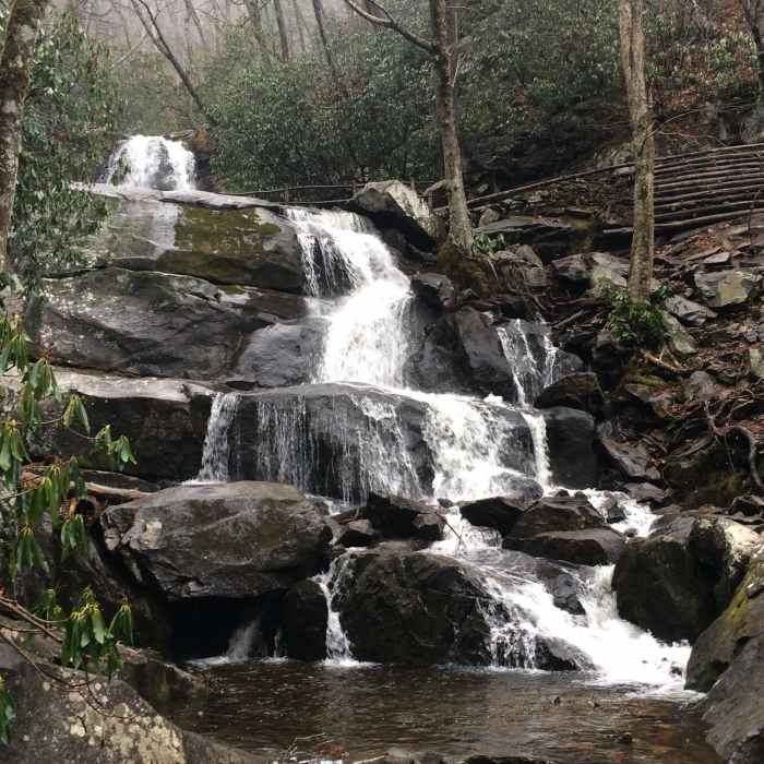 Hike the popular 2.3 mile roundtrip trail to reach the 80 foot Laurel Falls in the Great Smoky Mountains National Park. The falls is broken up in an upper and lower section with a narrow bridge cutting across. This photo is shot at the bottom of the lower section of the falls. Near Laurel Falls to Cove Mountain Fire Tower