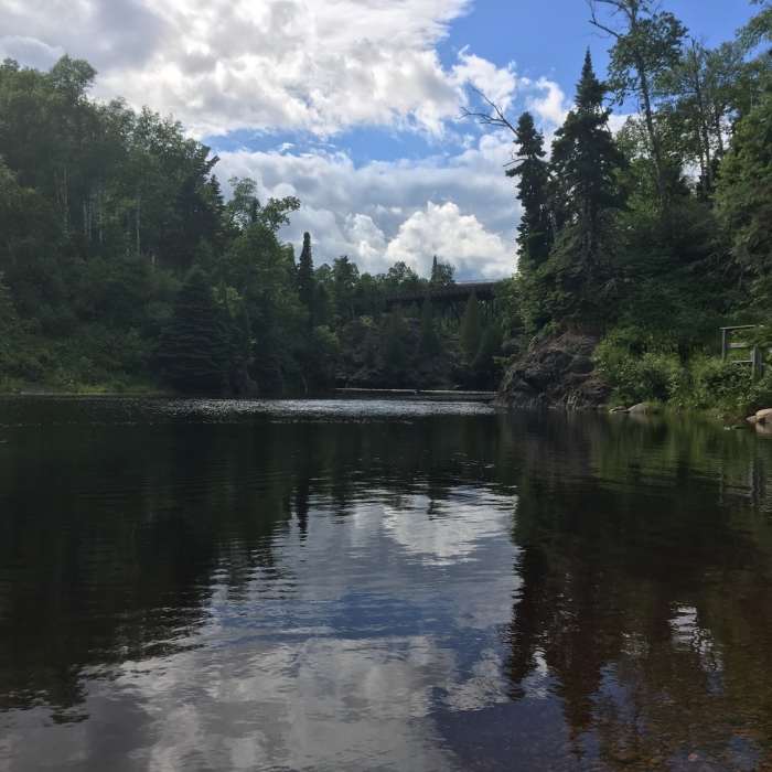 This is a view of the Baptism River looking inland from the mouth at Lake Superior. Near Baptism River Mouth Trail