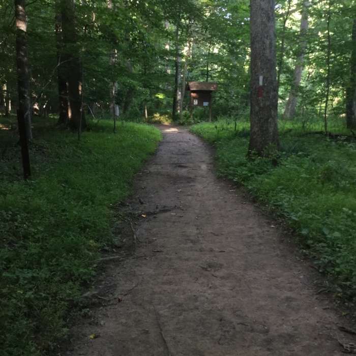 The Plantation Trail (red) and Switchback Trail (white) parallel the river. Near Switchback Trail