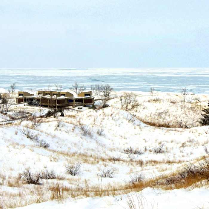Stunning view of the ice on Lake Michigan and the West Beach bathhouse. Near West Beach Trail