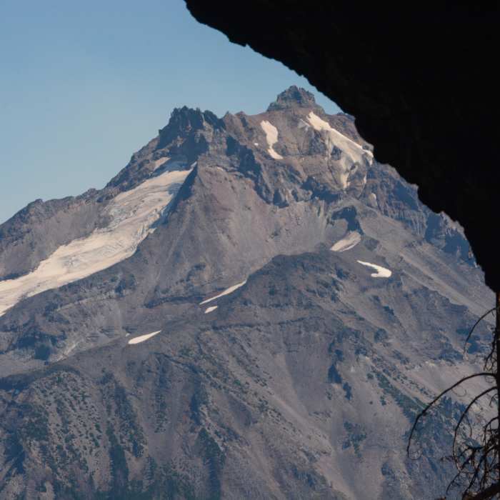 Mount Jefferson past the mouth of Boca Cave. Near Boca Cave