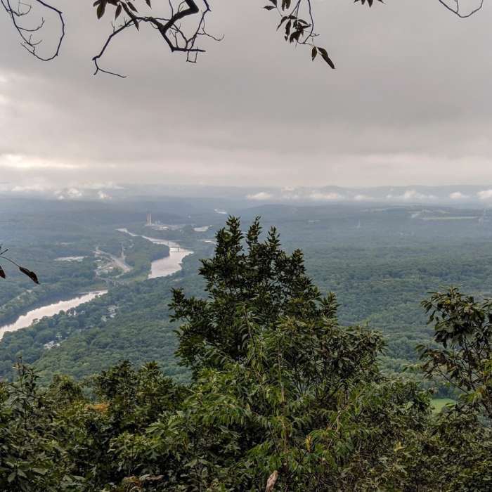 They payoff at the summit of Mt Minsi - a view of the Delaware river with Portland, PA in the distance Near Mount Minsi Loop
