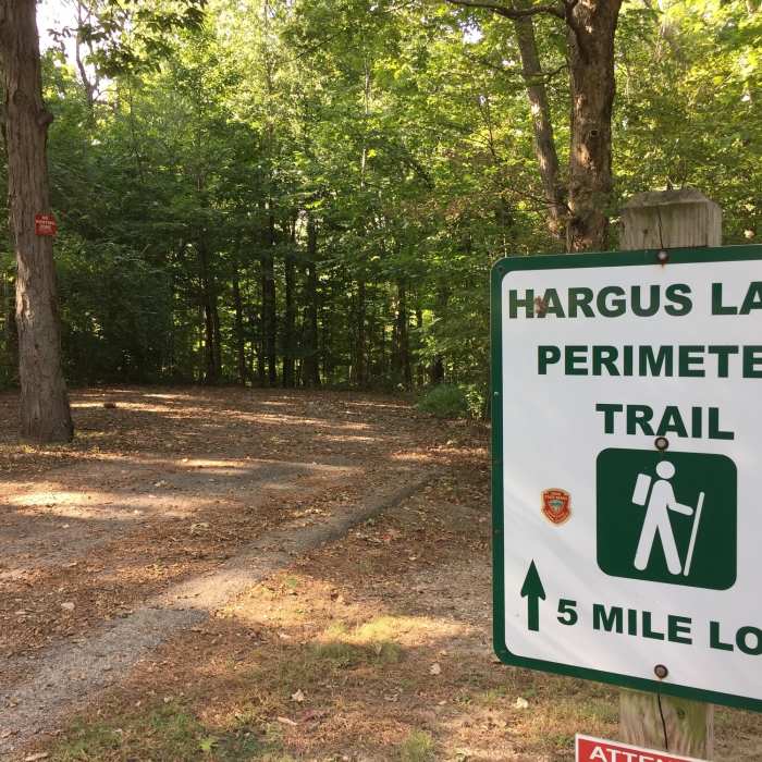 The entrance to the trail on the east side of the lake. Near A.W. Marion State Park Loop