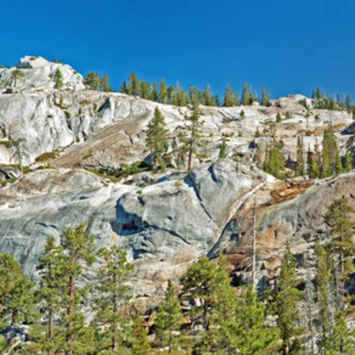 Polished granite cliffs on route to Spotted Fawn Lake. Head up canyon to the right and then cut across to the top right side of picture. Near Flora Lake - Boundary Lake Route