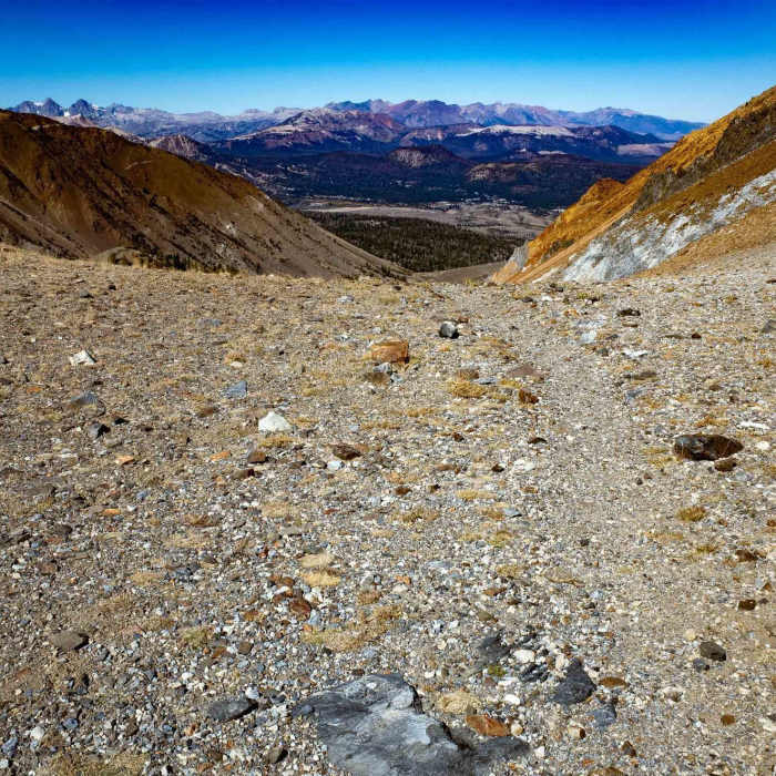 Looking back down the trail in the direction of Laurel Lakes Road from the saddle between Bloody Mountain (to the left) and Laurel Mountain (to the right). Near Laurel Lakes - Edith Lake Trail