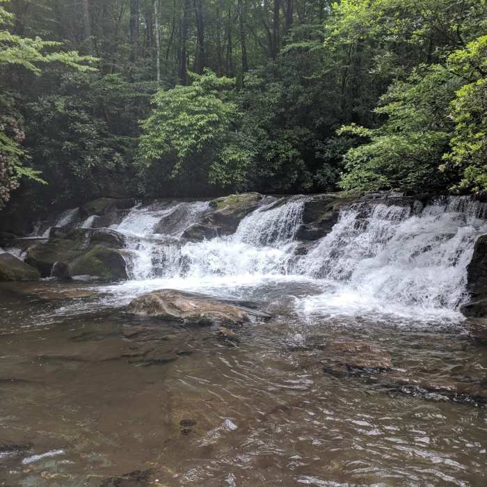 Smaller waterfall leading up to larger falls with swimming hole Near Slickrock and Citico Wilderness Loop