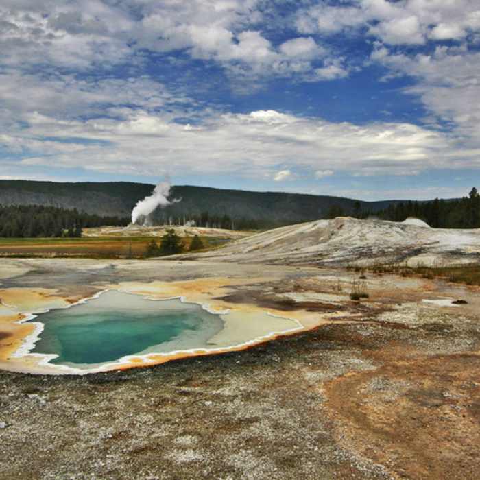 Heart Spring and the Lion Group with Castle Geyser Erupting in the background. with permission from walkaboutwest *No Commercial Use Near Observation Point-Geyser Hill