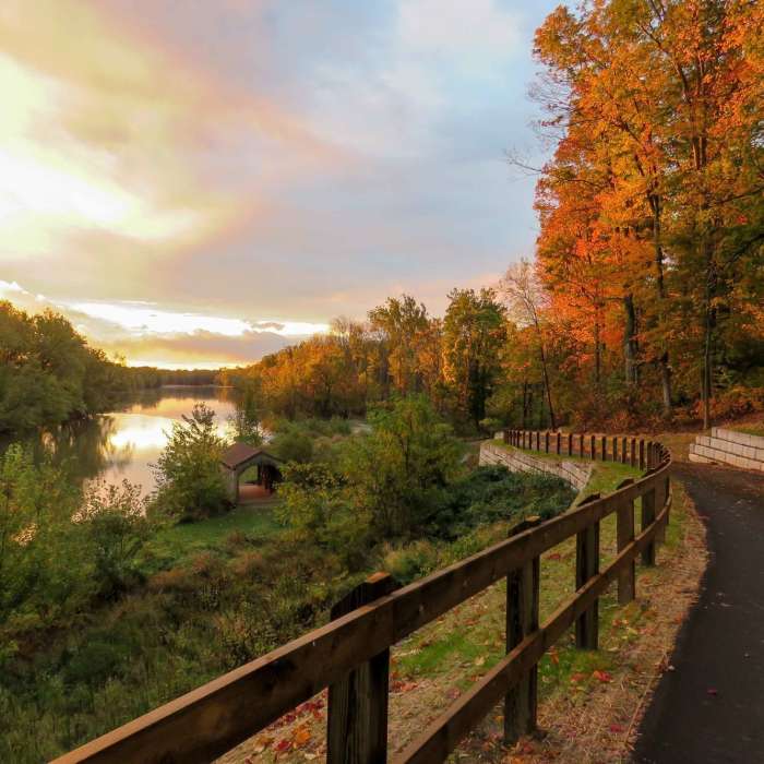 Grand Ravines – Idema Explorers Trail at sunrise" by Lee Koets. Courtesy of Ottawa County Parks & Recreation. Near Grand Ravines Loop