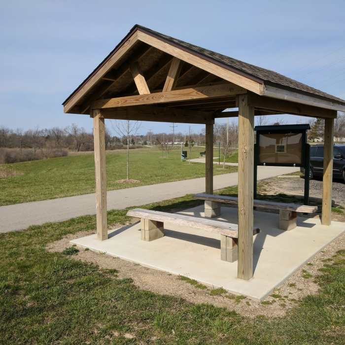 A pavilion provides information and shade at the M-34/Morey Hwy trailhead. Near Hudson City Trails