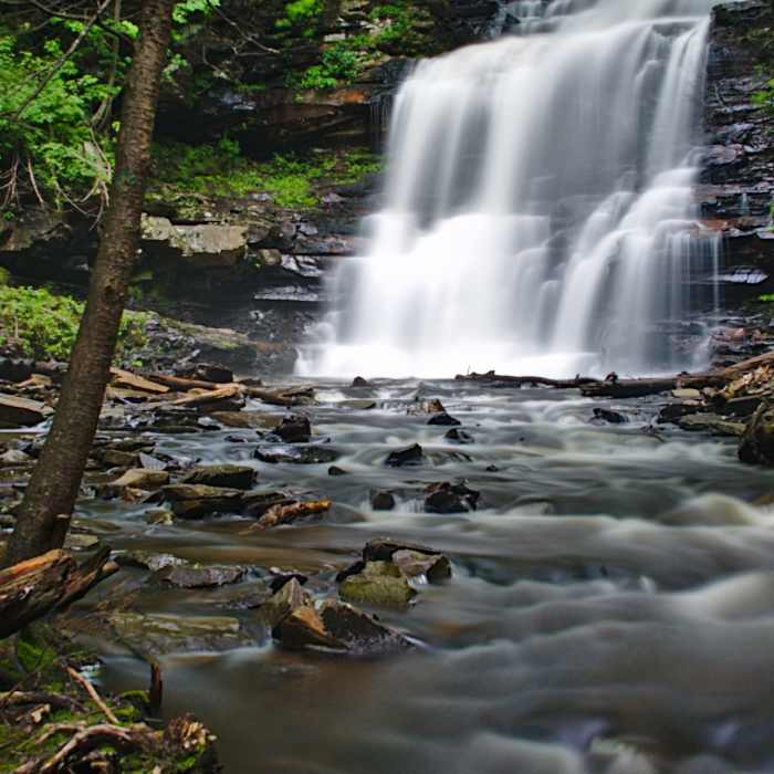 A summer view of Ganoga Falls in Rickets Glenn State Park Near Falls Trail