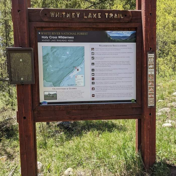 Whitney lake trailhead sign, it's partially obscured by trees from the road. Near Whitney Lake Trail #2002