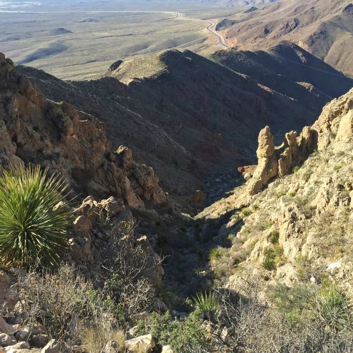 Nearly half of the Ron Coleman Trail's distance is spent descending back into Fusselman Canyon, which it follows all the way from North Franklin Peak. From up here, the hills of the Lost Dog area (upper left) don't look so tall. Near Ron Coleman Trail