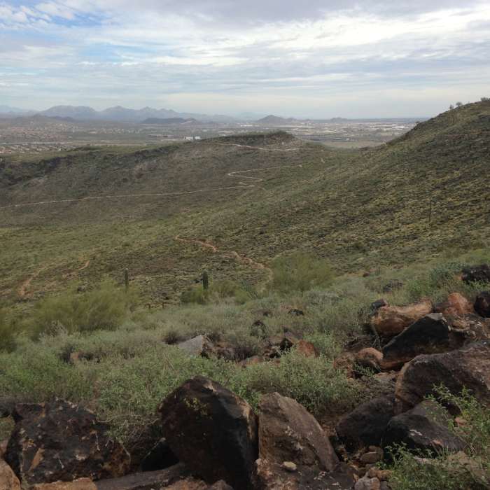 Halfway up Ridgeline Trail looking down and south. Near Ridgeline Trail