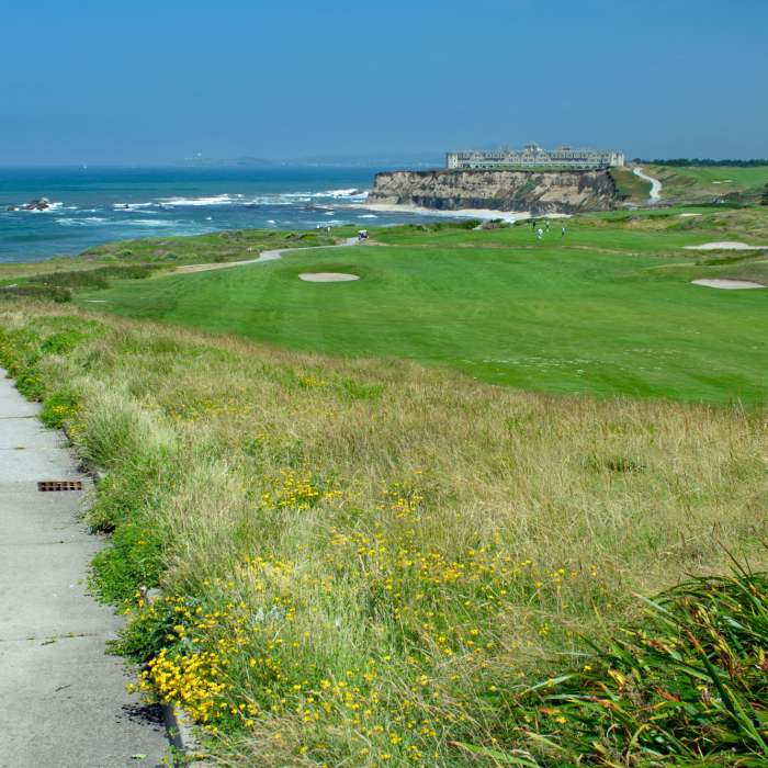 Paved trail runs along the coastal bluffs next to the Ritz Carlton Hotel and golf course. Near Coast Trail: Half Moon Bay to Cowell Ranch