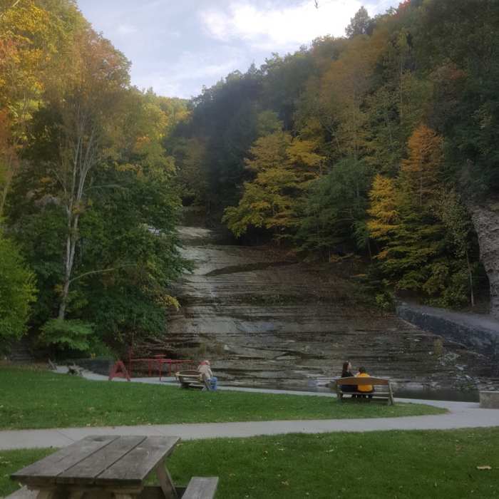 View of Buttermilk Falls at the start of the trail. Near Buttermilk State Park to Robert Treman State Park