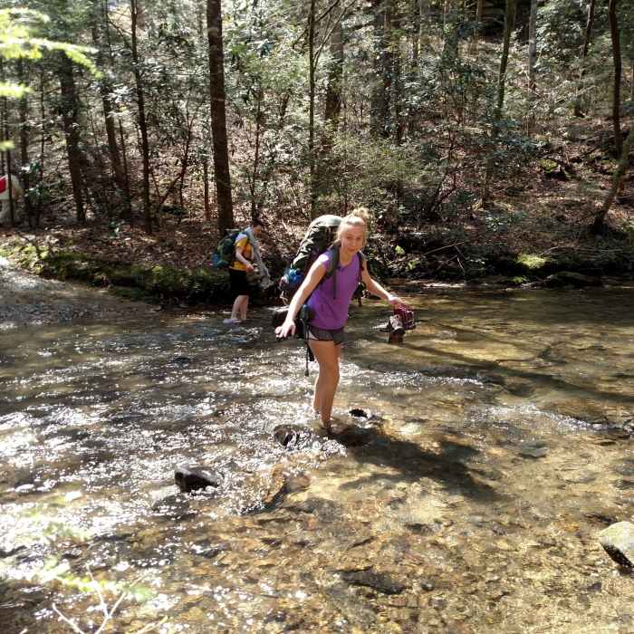 Girl Scout Troop 20793 crossing the stream on Longfield Branch Trail Near Longfield Branch Trail
