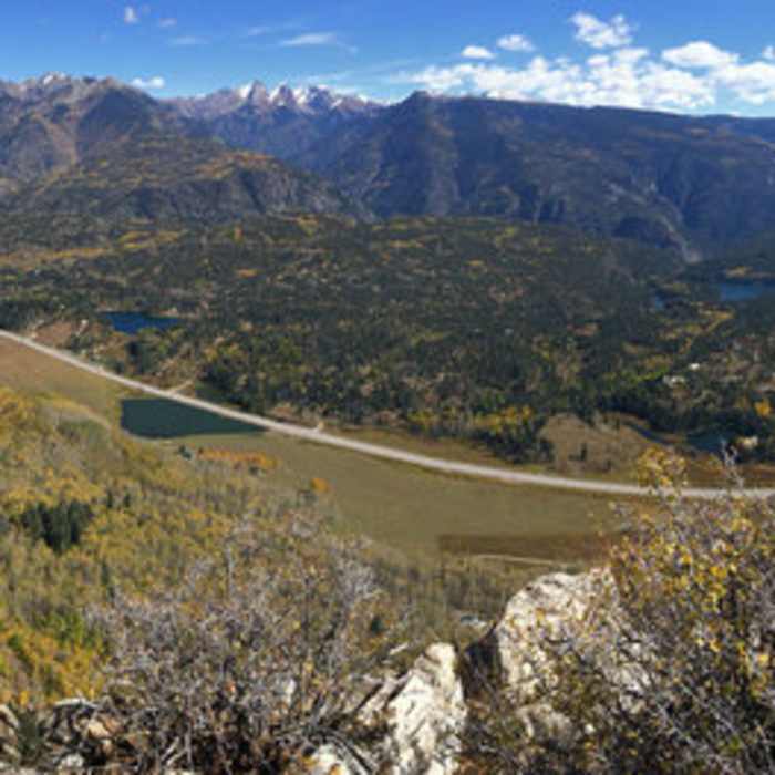 View from the Hermosa Cliffs over the Animas River Valley towards the Needles. Near Castle Rock Trail