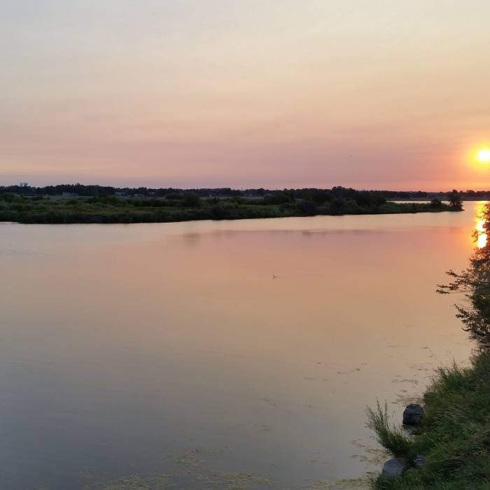 Sunrise at the confluence of Yakima and Columbia Rivers, viewed from the causeway to Bateman Island. Near Bateman Island Trail