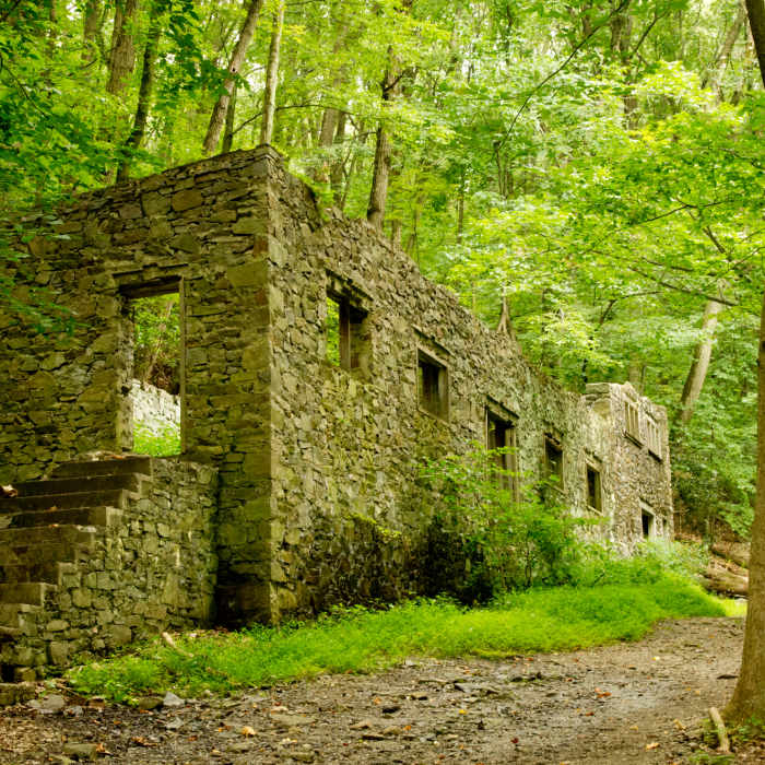 Valley Forge: Colonial Springs Water Bottling Plant Ruins can be seen from the trail. Near Horse-Shoe Trail