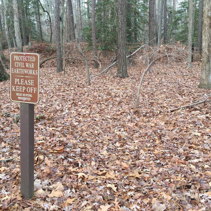 Mind the signs. Civil War Earthworks from the Peninsular Campaign. Near Newport News Park Loop