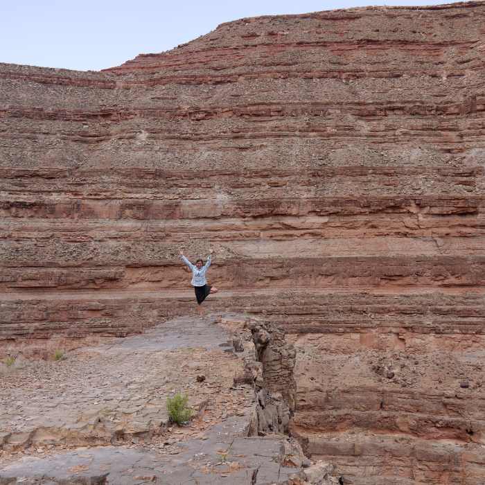 Our river-rafting guide strikes a pose at Horn Point, halfway up the Honaker Trail. Near Honaker Trail