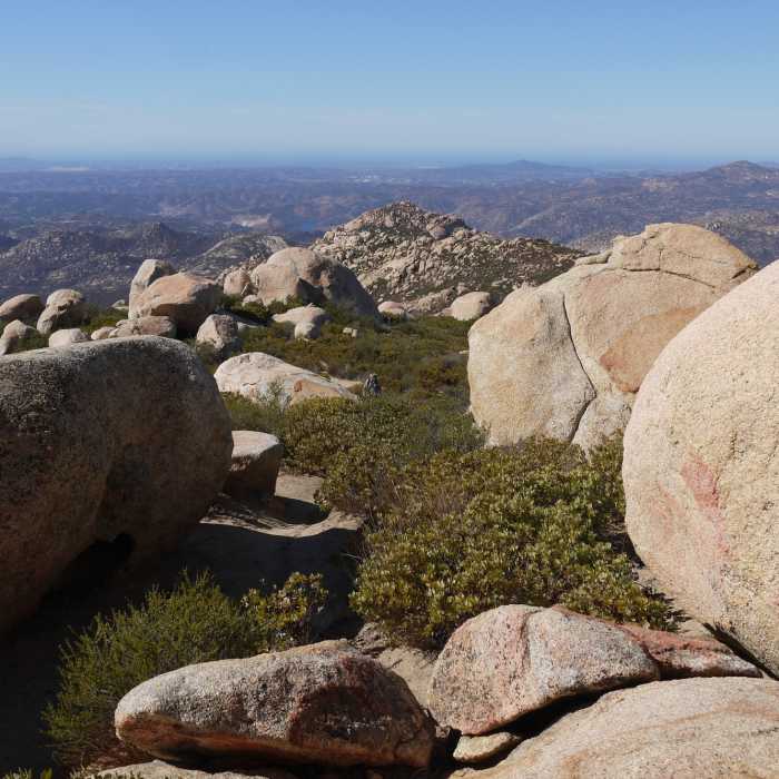 Check out the big rocks to the west near the top of El Cajon Mountain. Near El Cajon Mountain Summit Trail