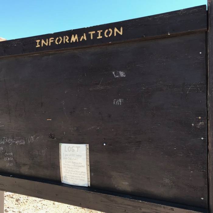 If you see this sad, empty INFORMATION board, you are at the right place. Near Bulldog Canyon Saddle and Pass Mountain Trail Loop