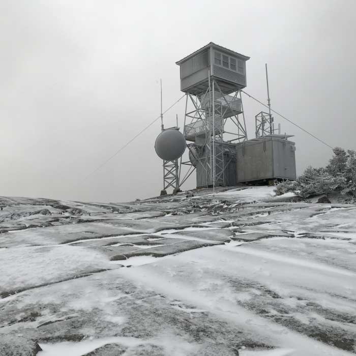The frosty watch tower atop Kearsarge Mountain. Near Winslow State Park Loop