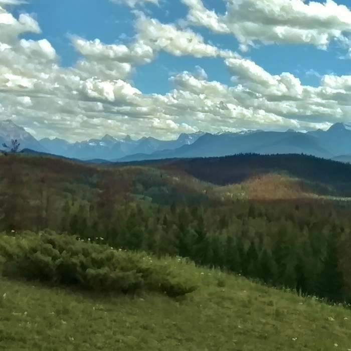Mount Kerkeslin (left center) and Mount Edith Cavell (right center), seen looking south-southeast from the Old Fort Loop trail. Near Old Fort Point Loop