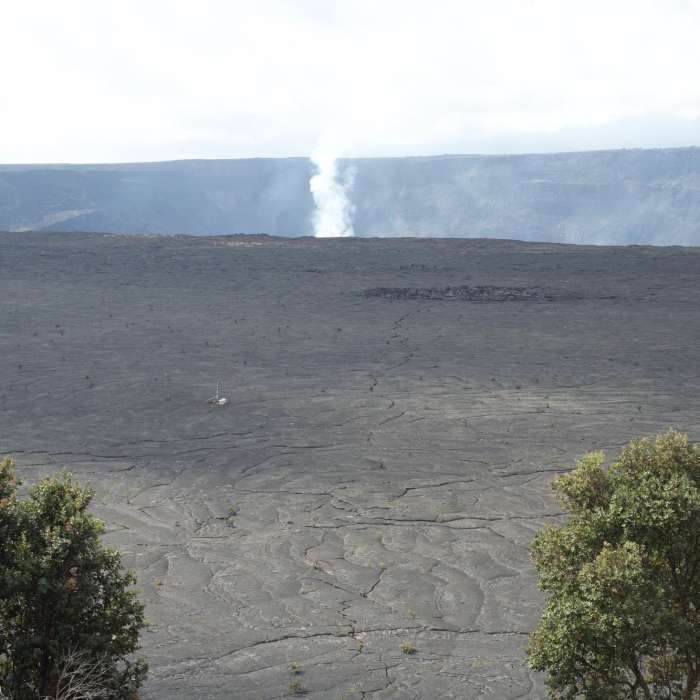 View into the Kilauea caldera from the Byron Ledges Trail. You can see the instrumentation that monitors geologic activity out in the caldera. Near Byron Ledge Trail